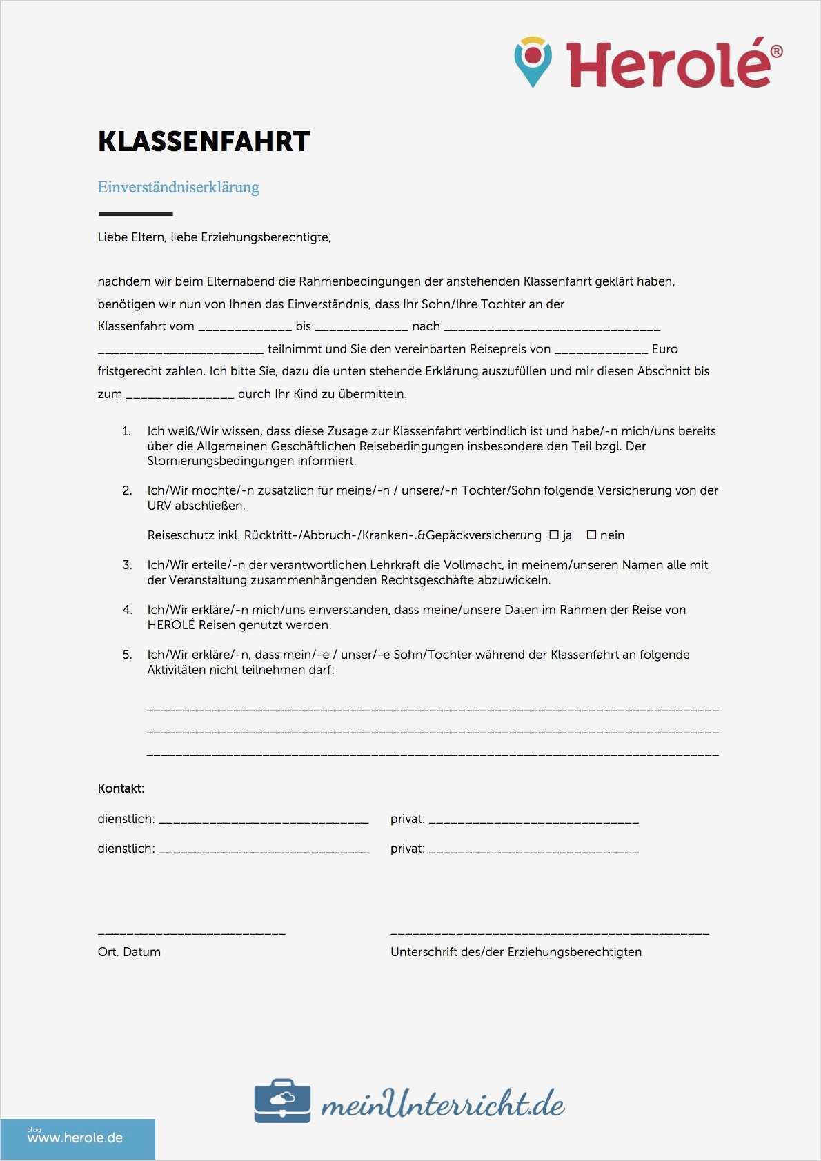 Klassenfahrt Elternbrief Vorlage Süß Schön Einverständniserklärung Vorlage Beratung Ideen
