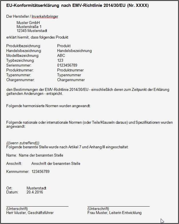 Konformitätserklärung Vorlage Pdf Inspiration Muster Einer Eu Konformitätserklärung Nach Emv Richtlinie