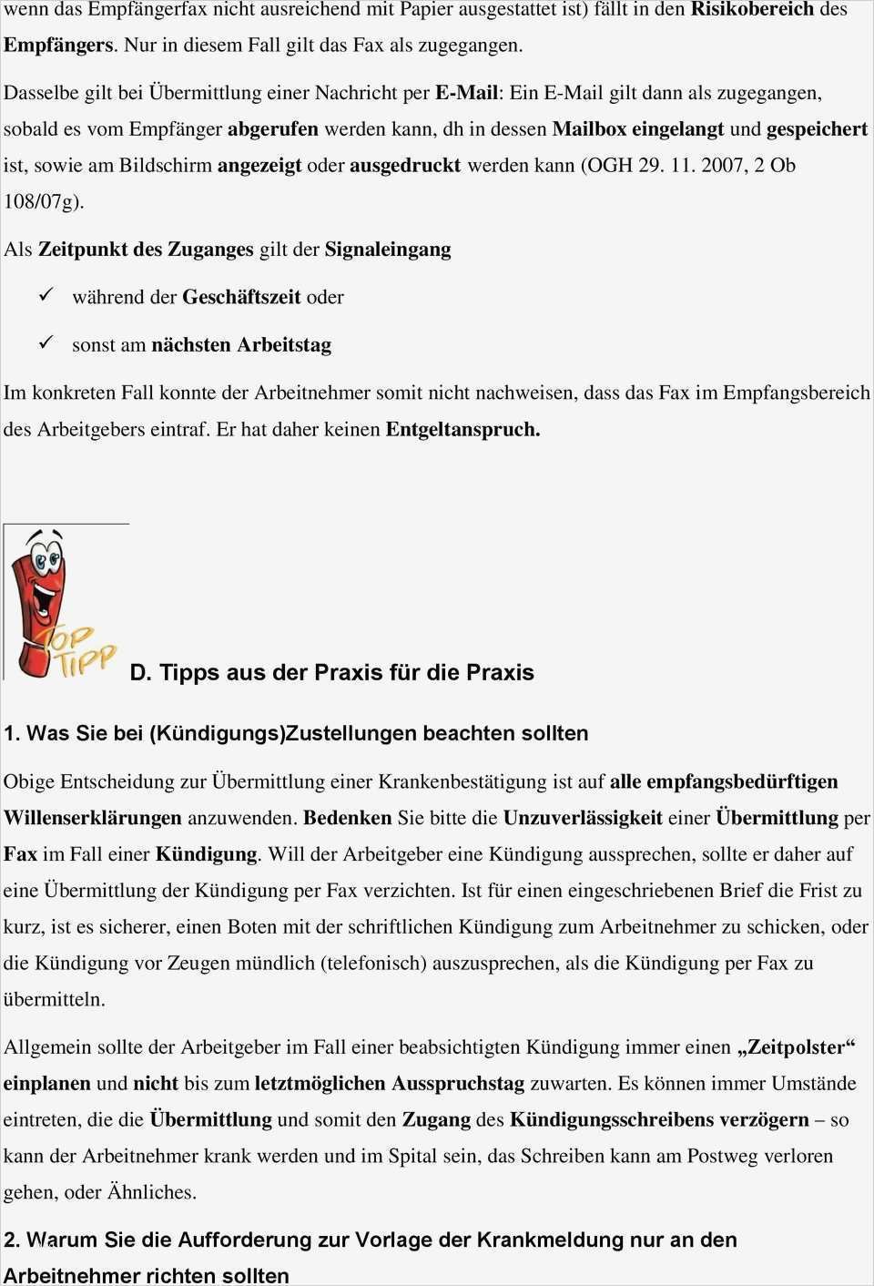 Krankmeldung Arbeitgeber Vorlage Neu Wer Trägt Das Risiko Bei Einer Krankmeldung Per Fax Pdf