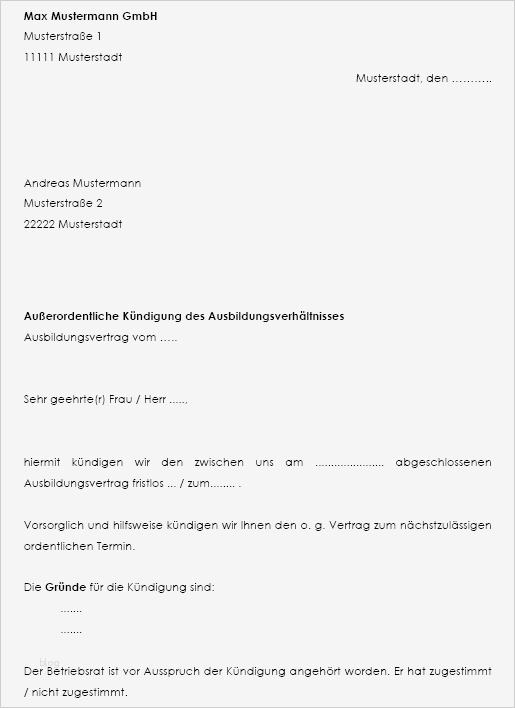Kündigung Ausbildungsverhältnis Vorlage Luxus Muster Vorlage Für Fristlose Auszubildendenkündigung