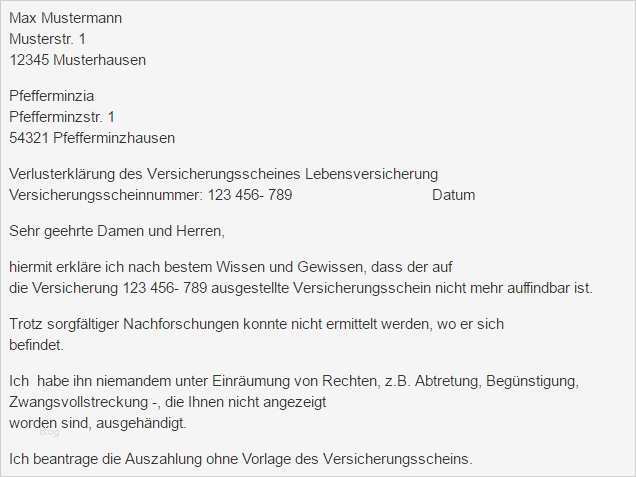 Kündigung Lebensversicherung Muster Vorlage Elegant Verlusterklärung Des Versicherungsschein Vorlage