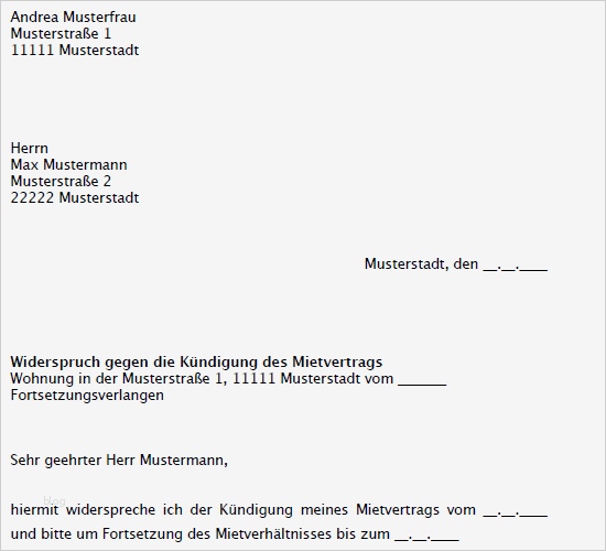Fortsetzungsverlangen Mieter nach Kündigung Muster als