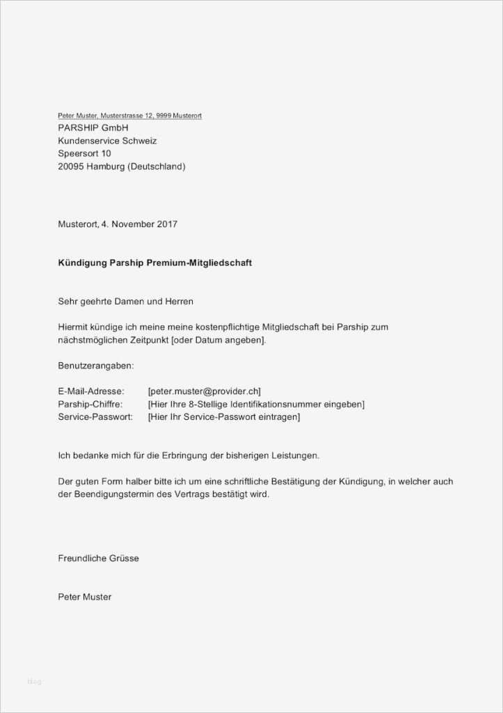 Kündigung Mitgliedschaft Vorlage Kostenlos Fabelhaft Parship Kündigen – Vorlage formular Schweiz