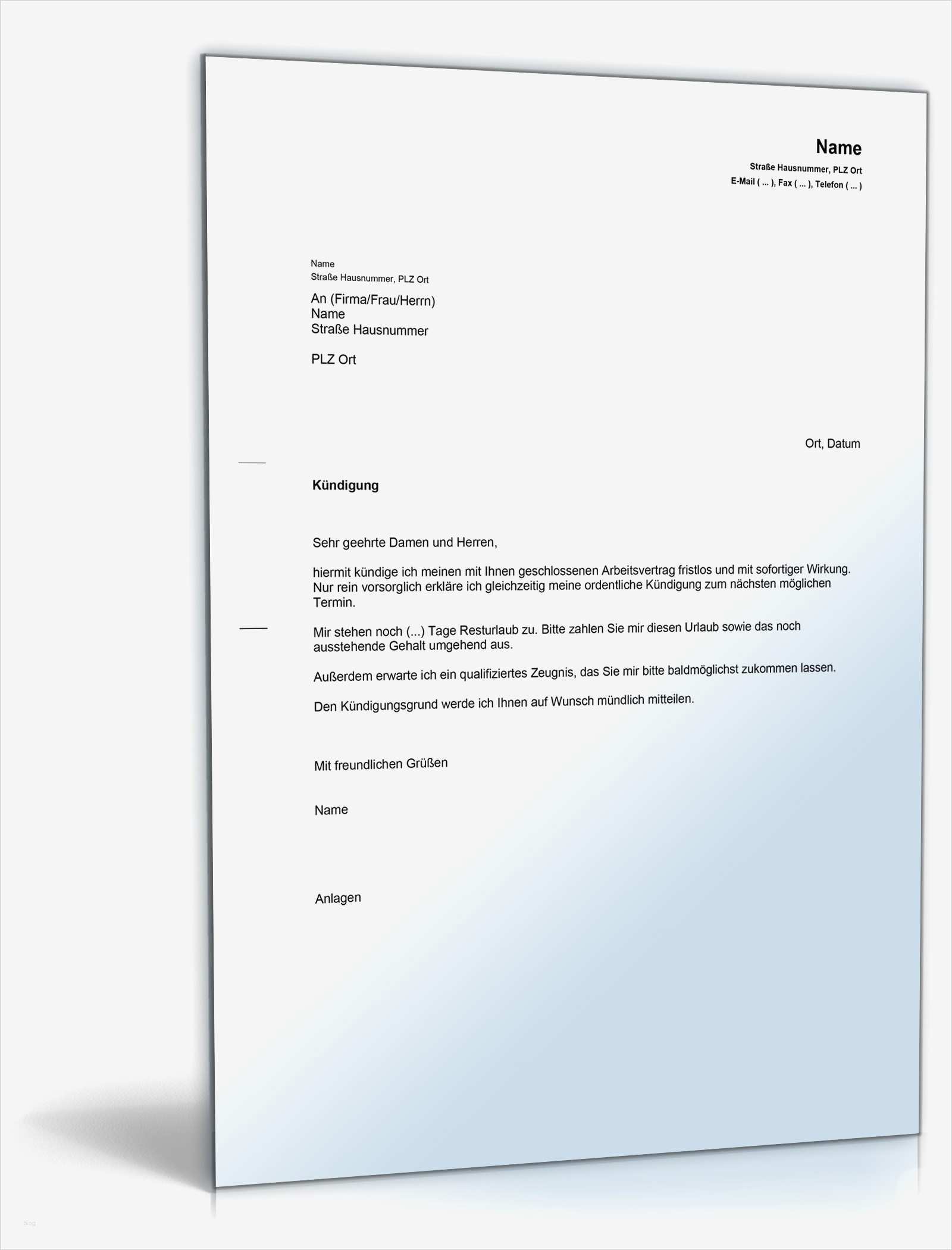 Kündigung Vorlage Kostenlos Arbeitnehmer Hübsch Fristlose Kündigung Arbeitsvertrag Durch Arbeitnehmer