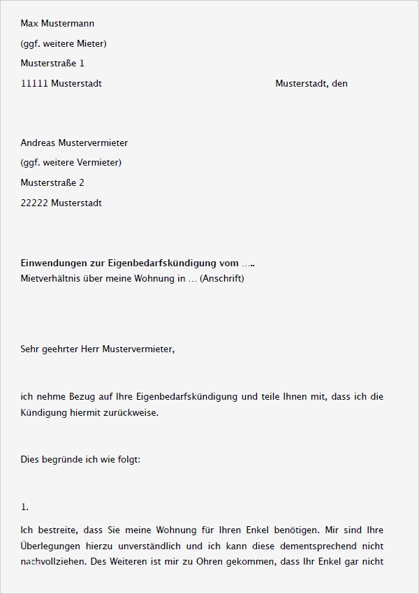 Kündigungsbestätigung Vorlage Gut Muster Eigenbedarfskündigung Zum Download