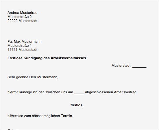 Kündigungsschreiben Arbeitgeber Vorlage Kostenlos Wunderbar Außerordentliche Kündigung Arbeitnehmer Muster Zum Download