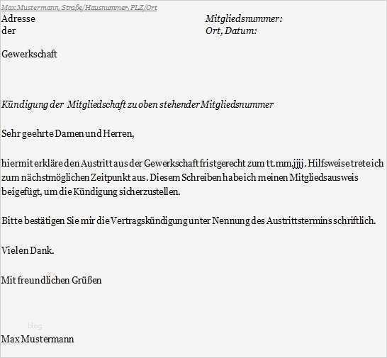 Kündigungsschreiben Vorlage Fitness Angenehm Kündigungsschreiben Gewerkschaft