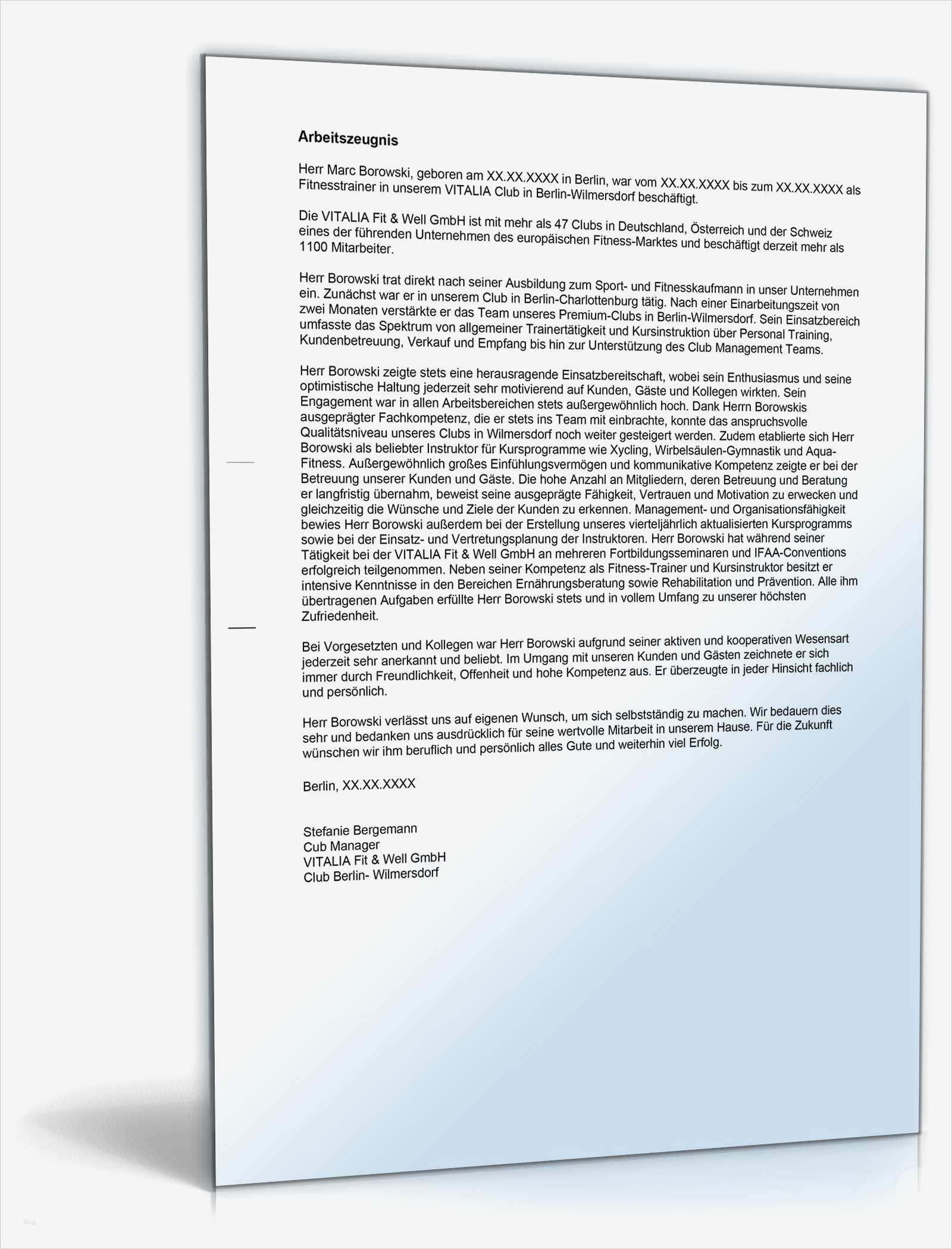 Kündigungsschreiben Vorlage Fitness Schönste Arbeitszeugnis Fitnesstrainer Note Eins