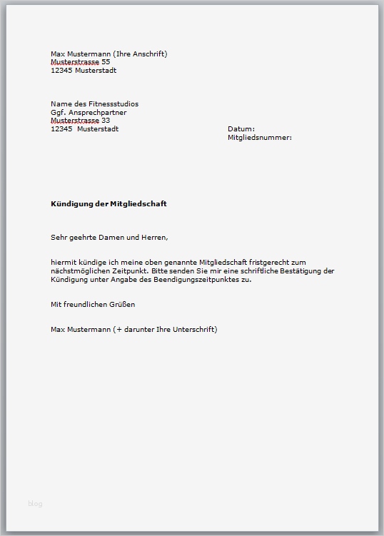 Kündigungsschreiben Vorlage Fitness Wunderbar Kostenlose Vorlage Für Kündigung Im Fitnessstudio