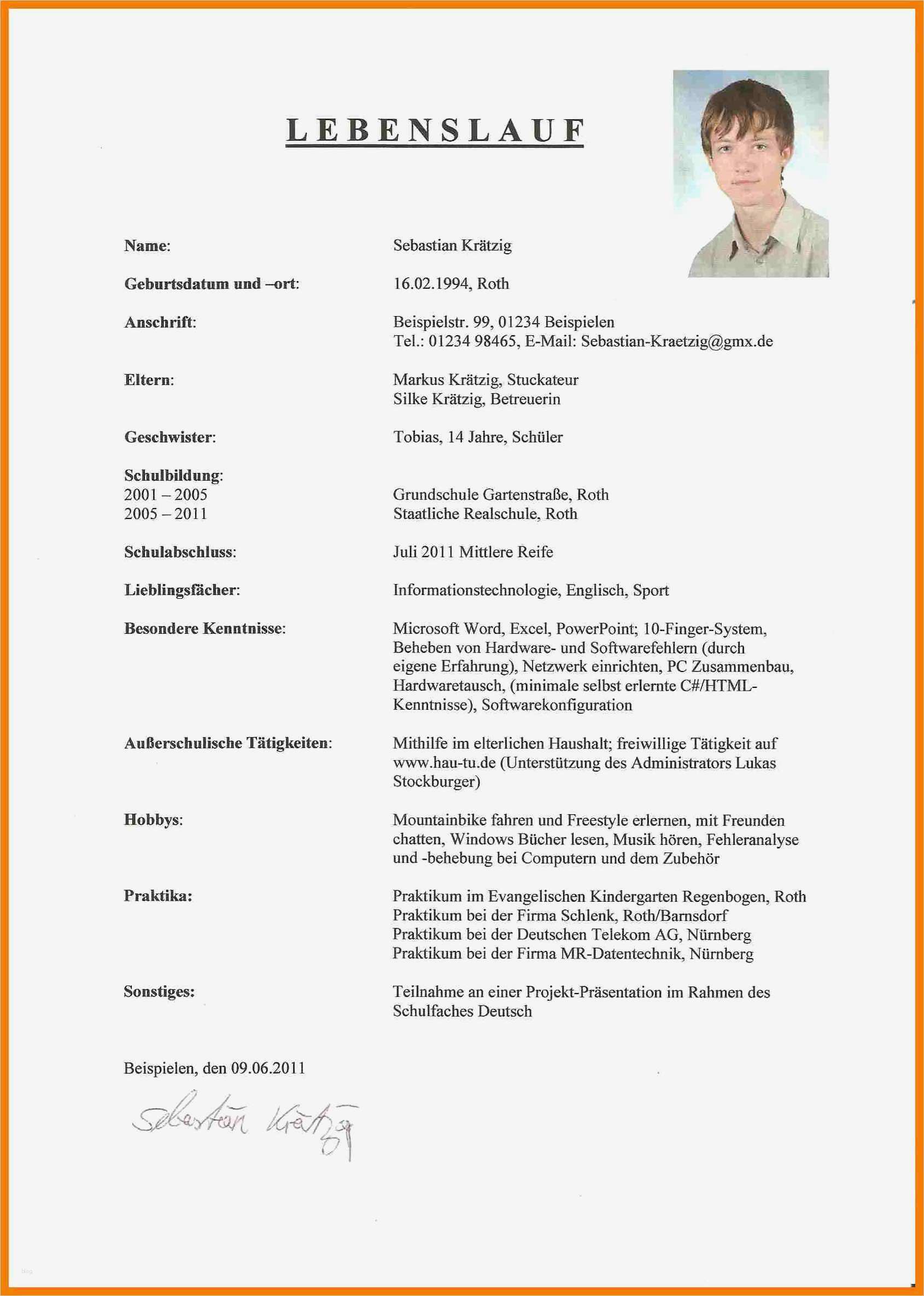 Lebenslauf Kurz Vorlage Gut 13 Lebenslauf Vorlage Schüler