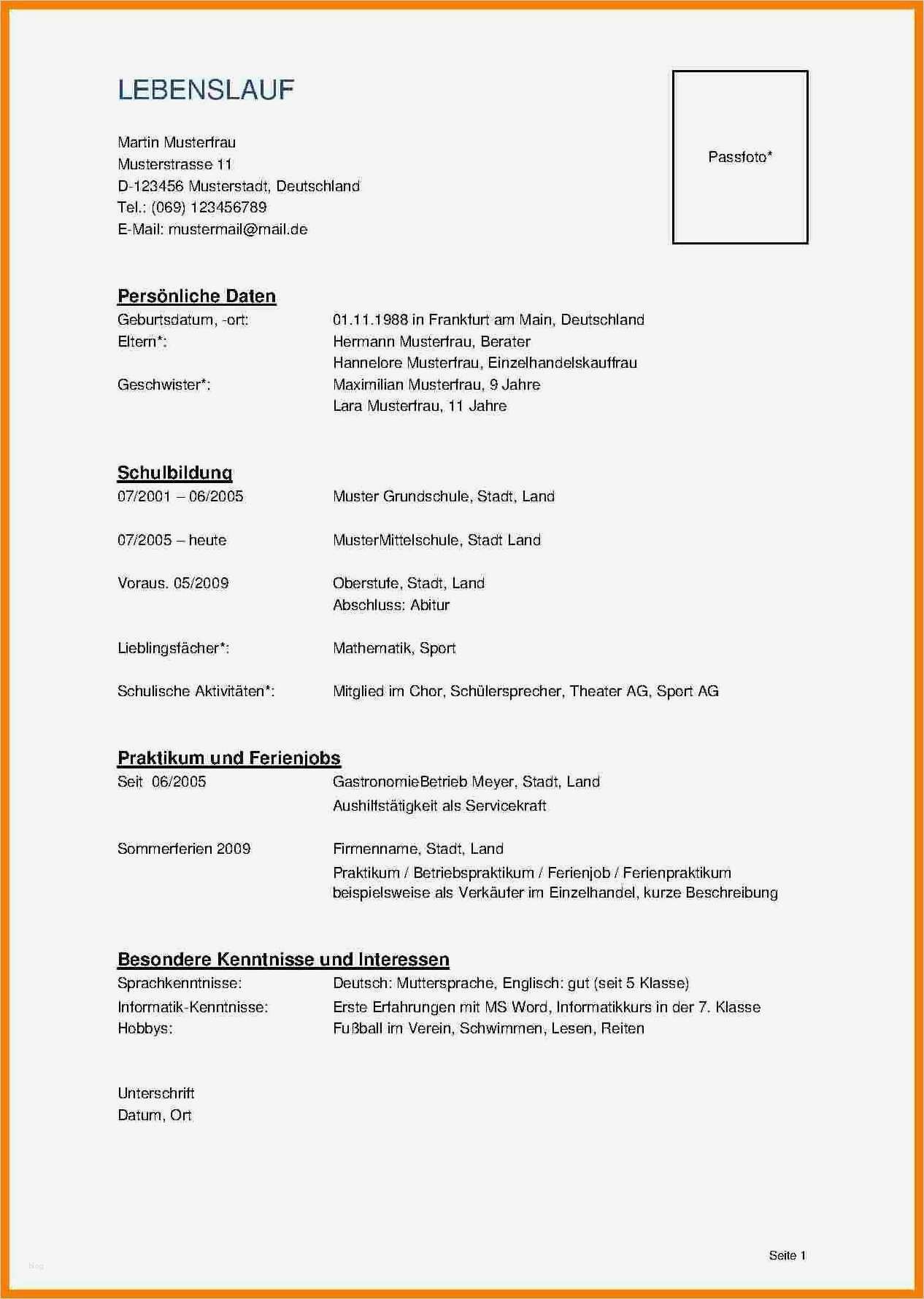 Lebenslauf Schule Vorlage Elegant 9 Lebenslauf Vorlage Schöler