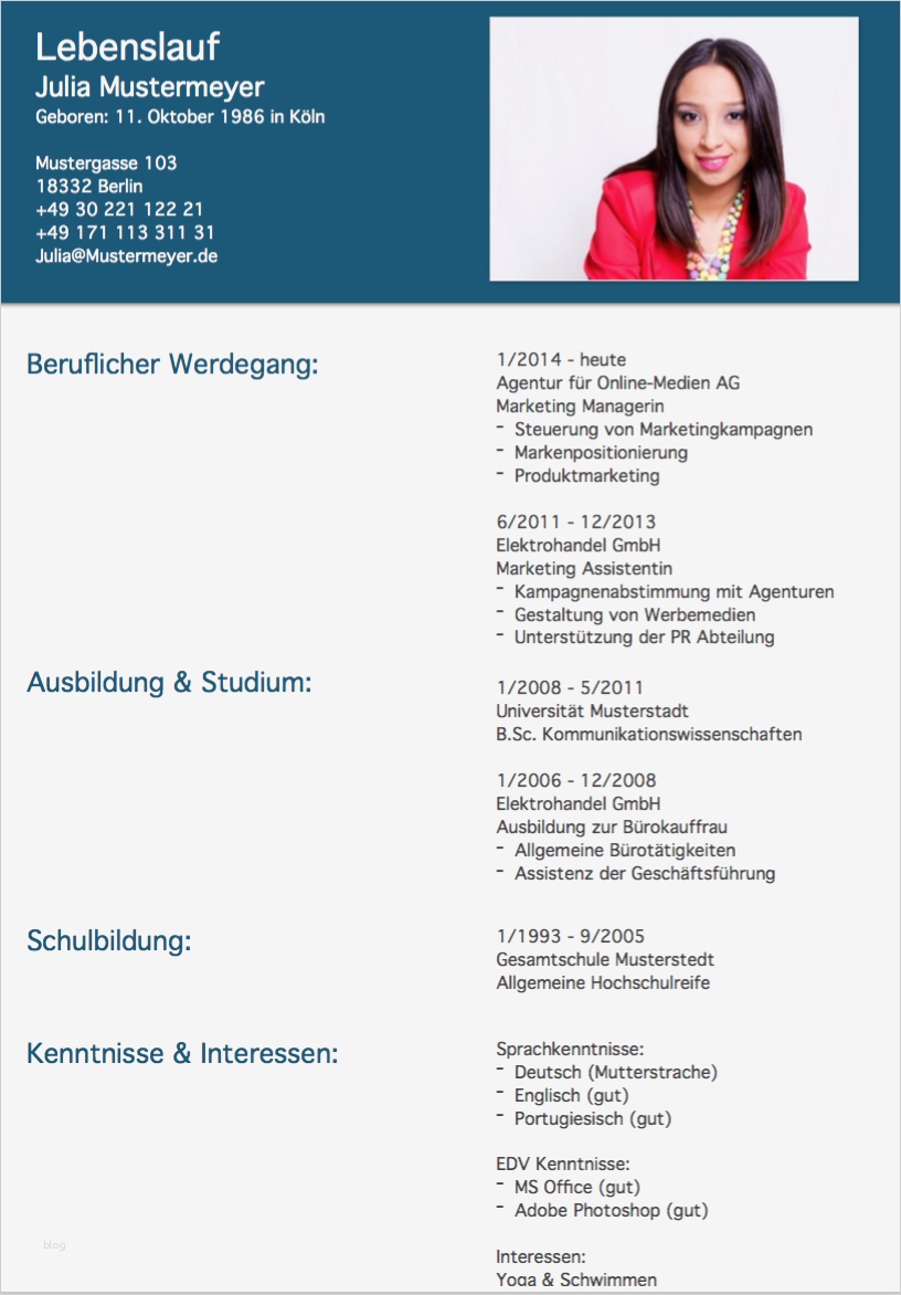 Lebenslauf Vorlage Blau Neu Lebenslauf Muster 2 Blau Kostenlos En