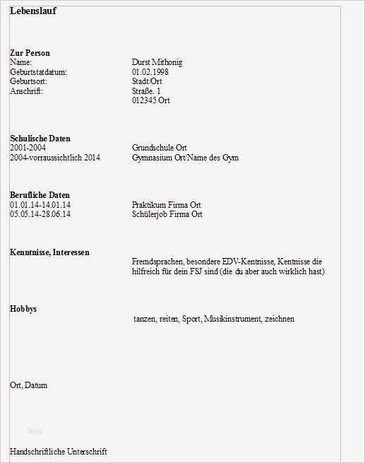 Lebenslauf Vorlage Fsj Erstaunlich Lebenslauf Mit 17 Schule Bewerbung Abitur