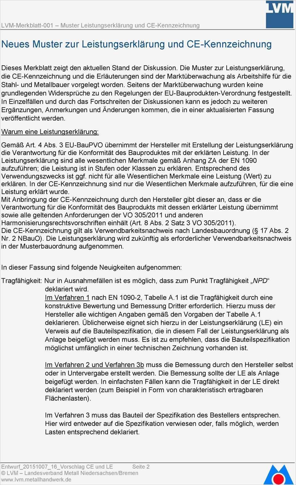 Leistungserklärung En 1090 Vorlage Best Of Lvm Merkblatt 001 Muster Für Ce Kennzeichnung Und
