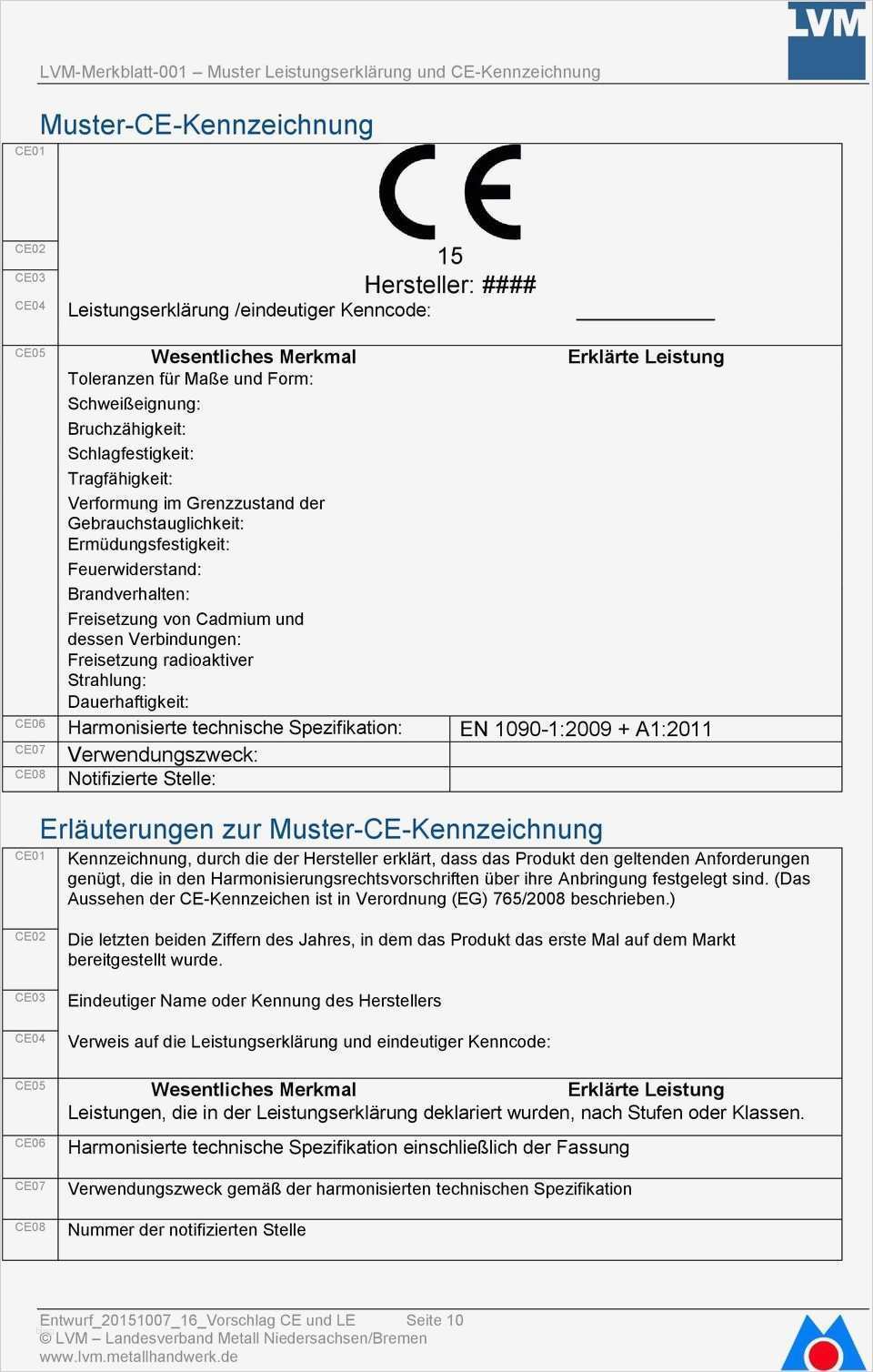 Leistungserklärung En 1090 Vorlage Elegant Lvm Merkblatt 001 Muster Für Ce Kennzeichnung Und