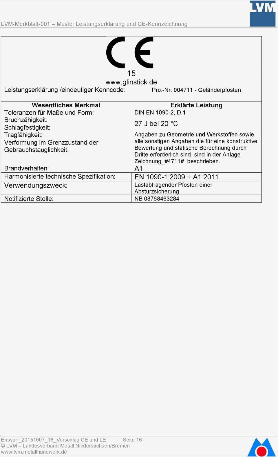 Leistungserklärung En 1090 Vorlage Gut Lvm Merkblatt 001 Muster Für Ce Kennzeichnung Und