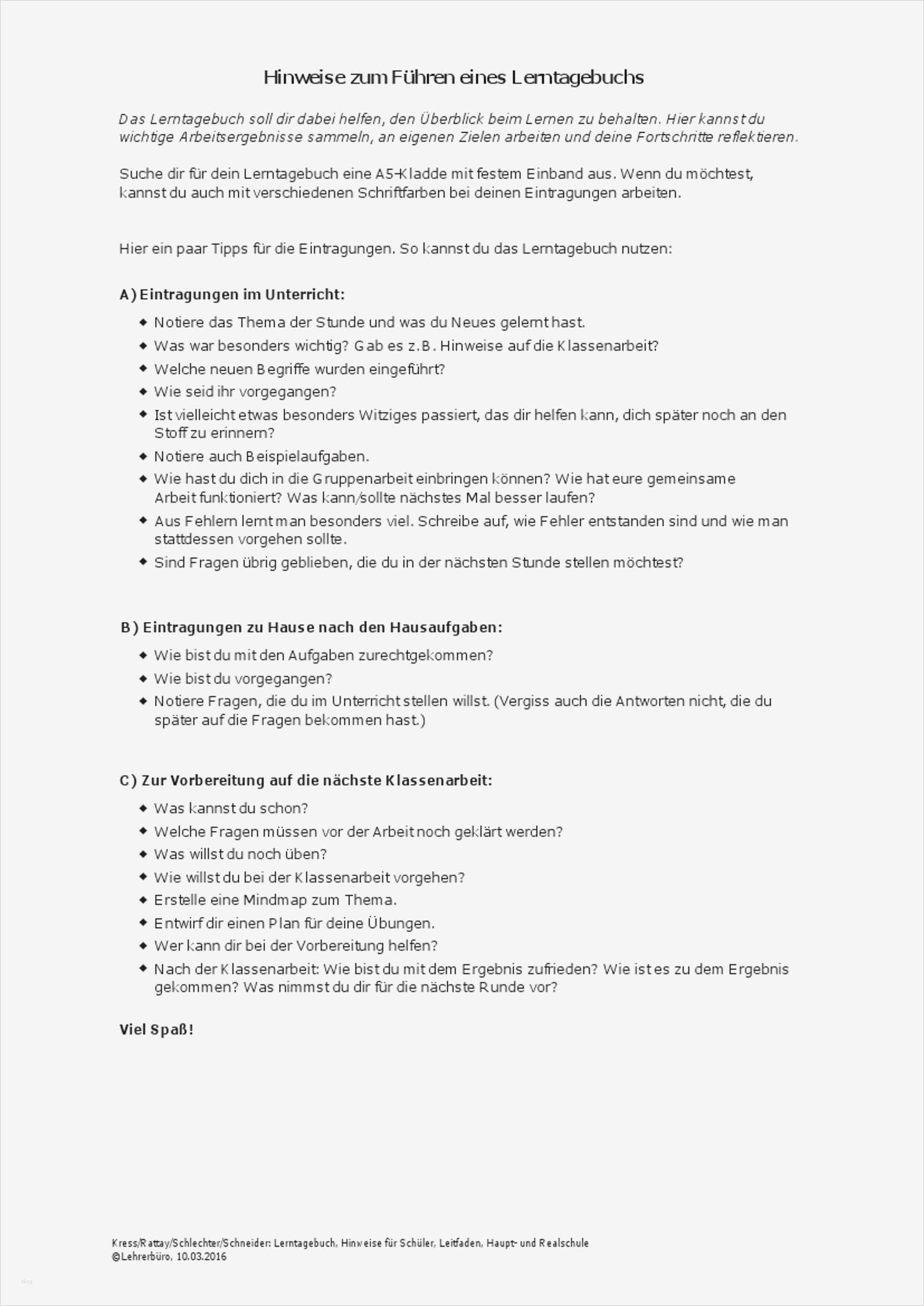 Lerntagebuch Vorlage Hübsch Unterricht · Arbeitshilfen · Sekundarstufe I · Lehrerbüro