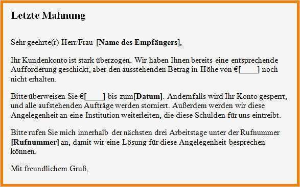 Mahnung Vorlage Miete Beste Vorlage Letzte Mahnung Muster Kostenlos Mahnschreiben