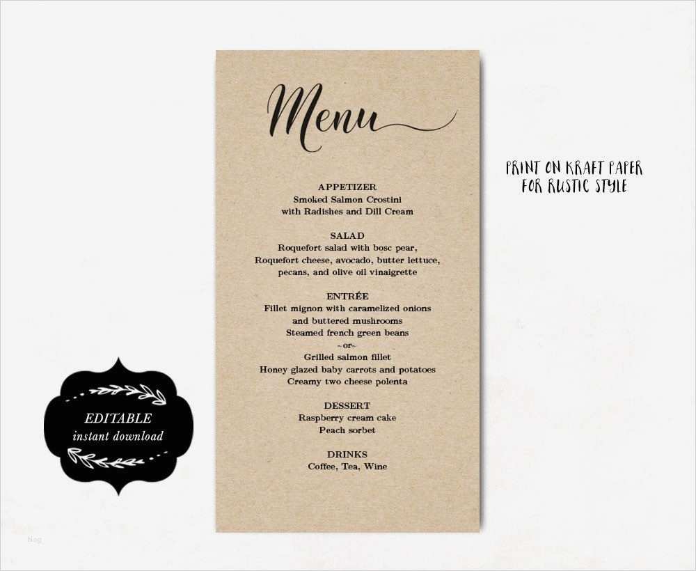 Menü Vorlage Erstaunlich Printable Wedding Menu Template Kraft Wedding Menu