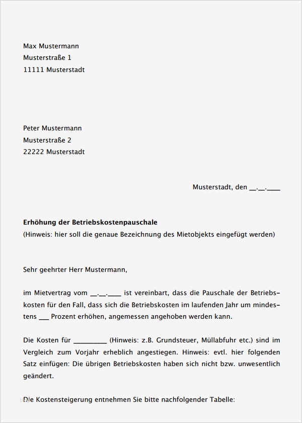 Miete Erhöhen Vorlage Fabelhaft Musterschreiben Erhöhung Betriebskostenpauschale Jetzt