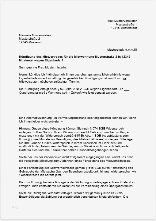 Mietkündigung Vorlage Angenehm Eigenbedarfskündigung 15 Punkte Checkliste & Muster Pdf