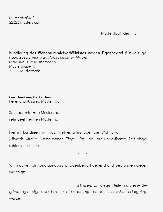 Muster Widerspruch gegen eine Eigenbedarfskündigung