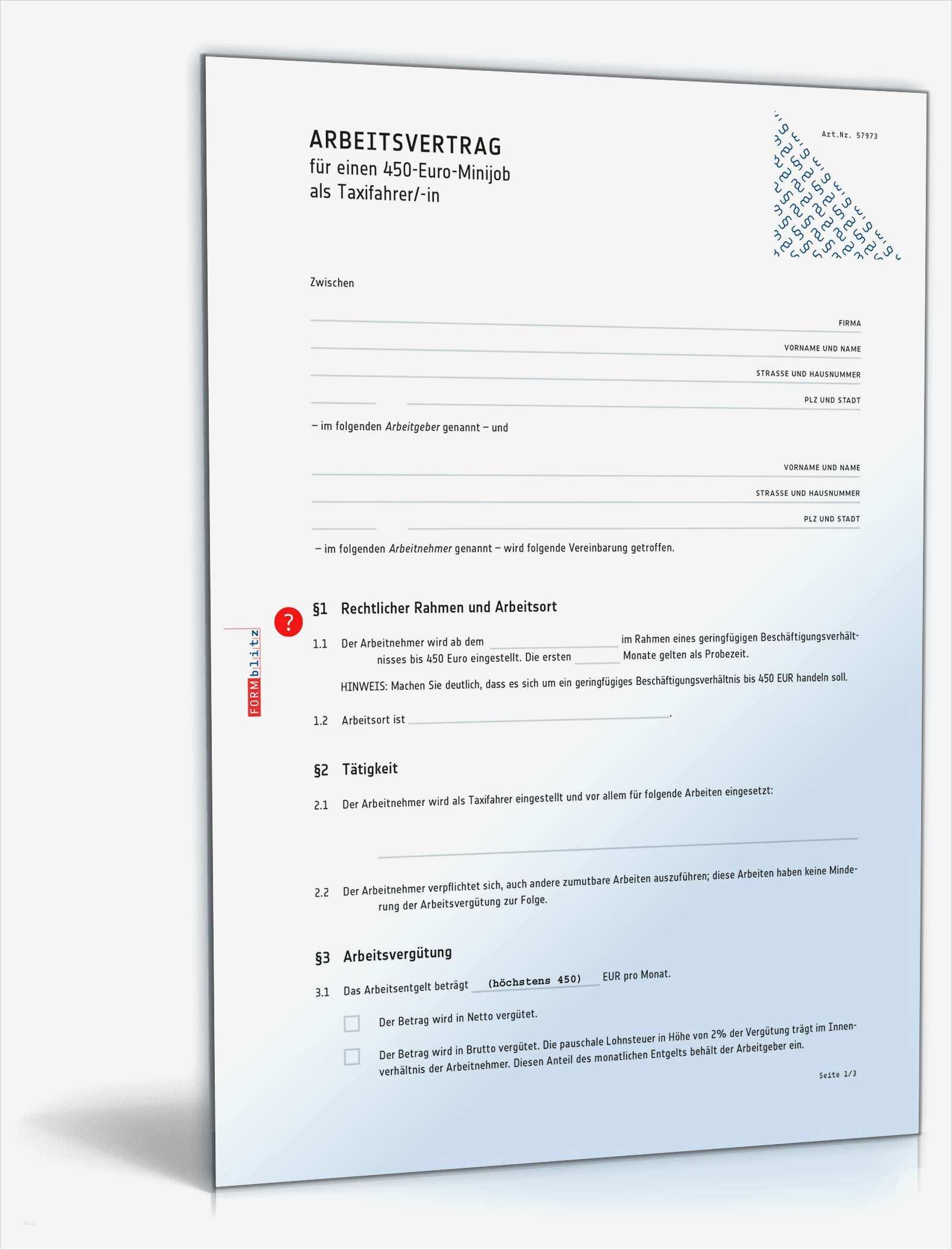Minijob Vertrag Vorlage Inspiration Arbeitsvertrag Minijob Taxifahrer