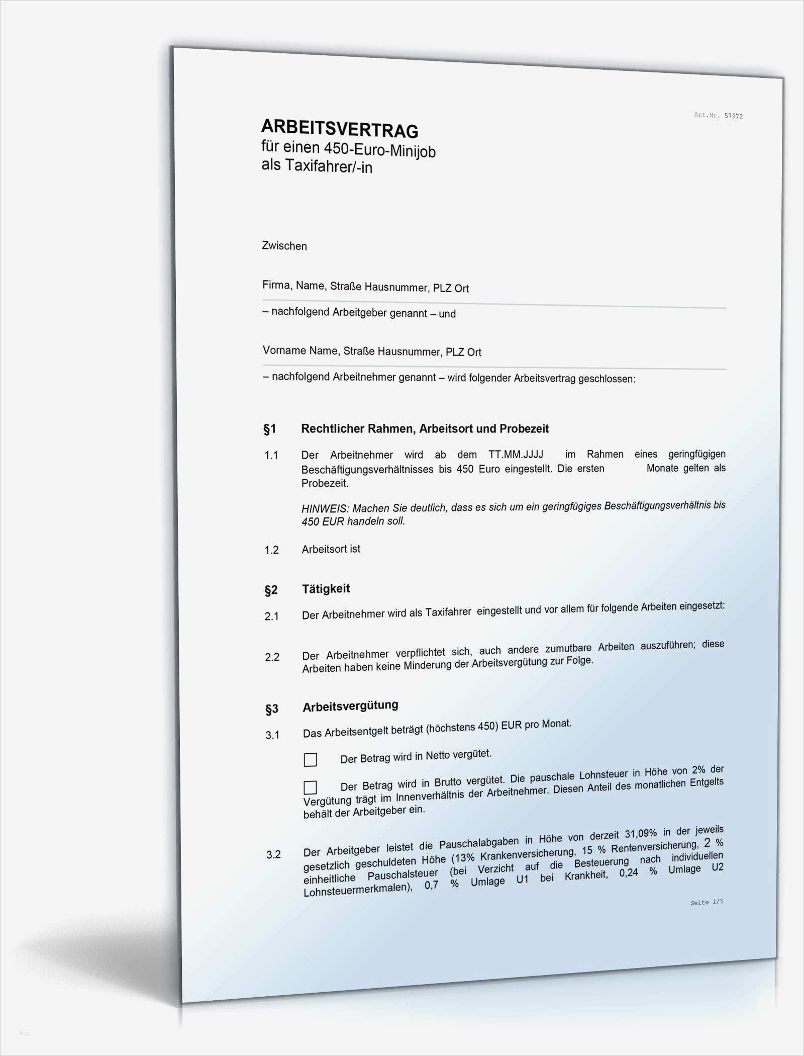 Minijob Vertrag Vorlage Schön Arbeitsvertrag Für Einen Taxifahrer In • De Vertrag Download