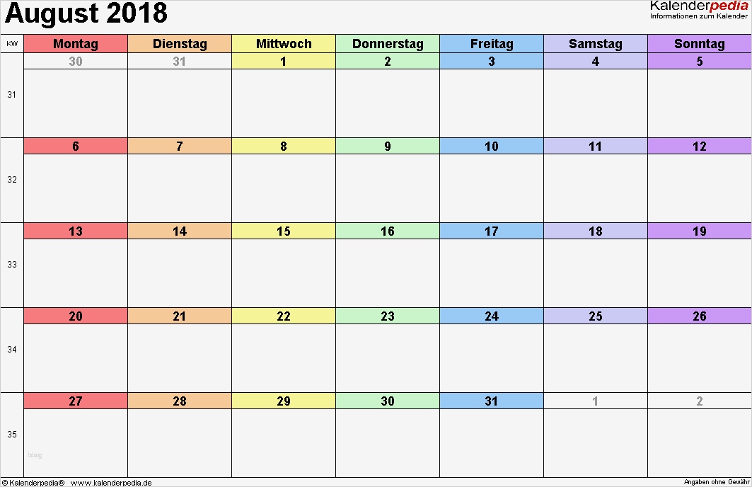 Monatsdienstplan Excel Vorlage Inspiration Kalender August 2018 Als Excel Vorlagen