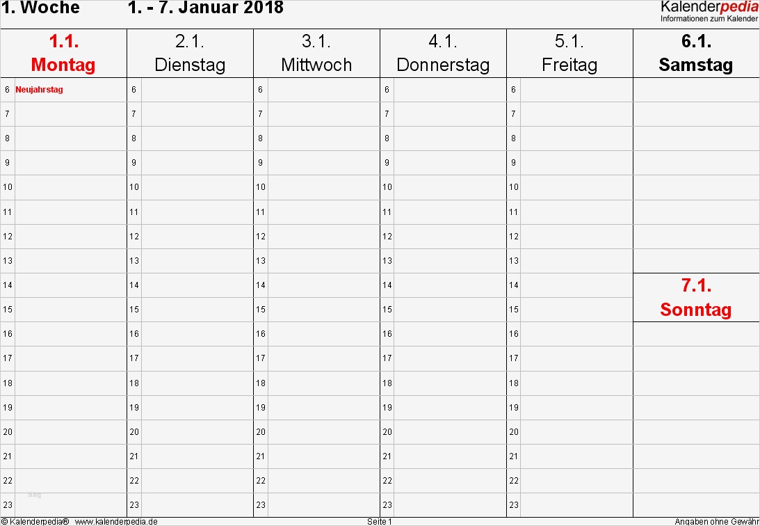 Monatskalender 2018 Vorlage Einzigartig Wochenkalender 2018 Als Excel Vorlagen Zum Ausdrucken