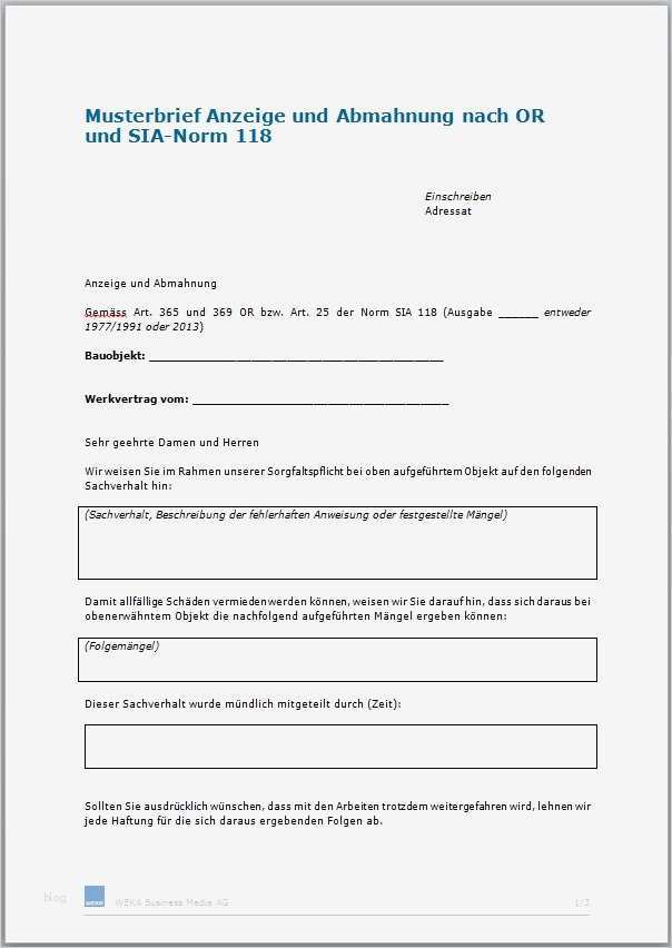 Musterbrief Vorlage Einzigartig Musterbrief Anzeige Und Abmahnung Nach or Und Sia norm 118
