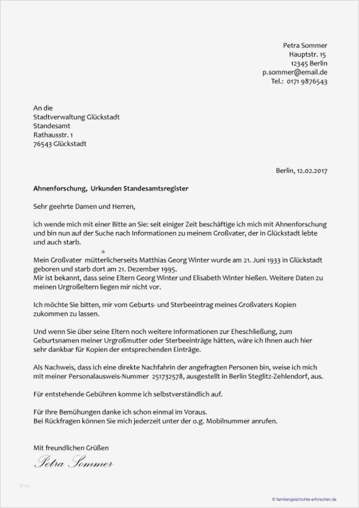 Musterbrief Vorlage Erstaunlich Musterbrief An Ein Standesamt – Familiengeschichte Erforschen