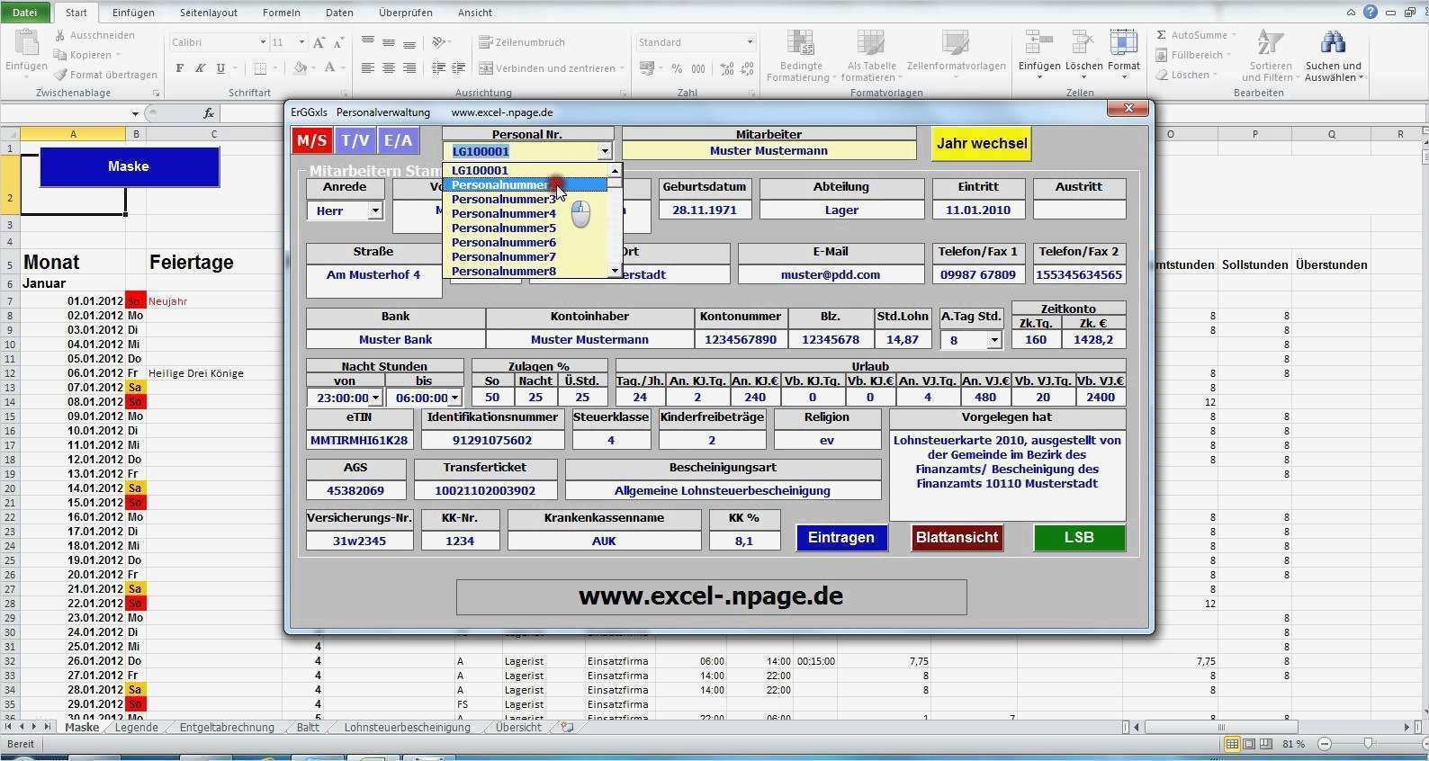 Personalverwaltung mit Excel Datenbank Zeit erfassen