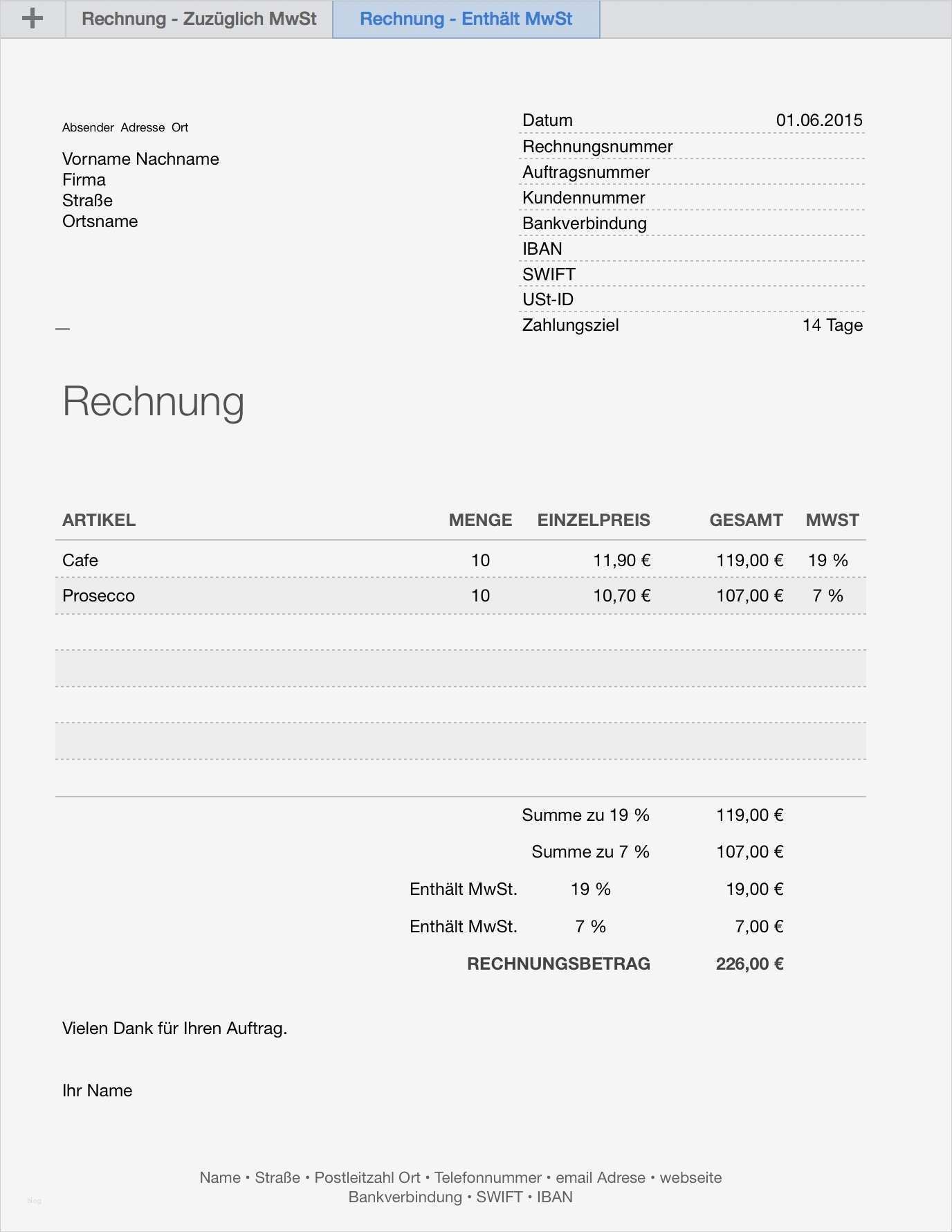 Numbers Vorlagen Gut Numbers Rechnungsvorlage Mit Zwei Steuersätzen
