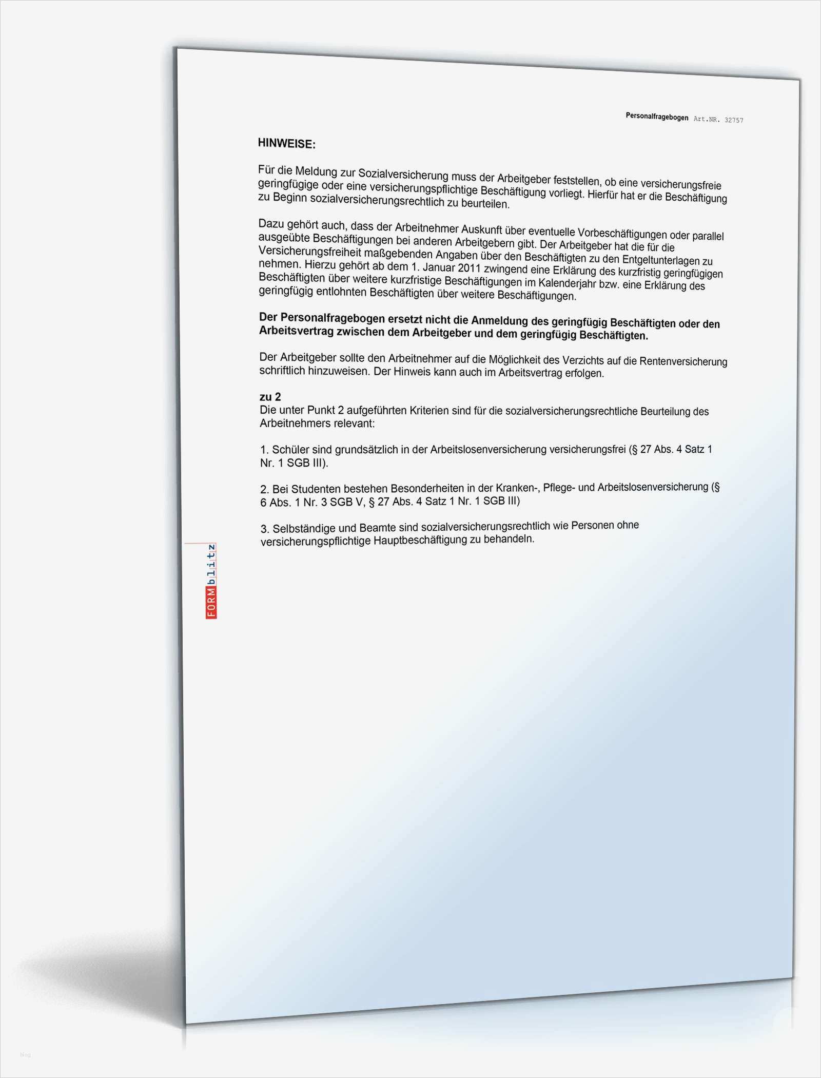 Personalfragebogen Minijob