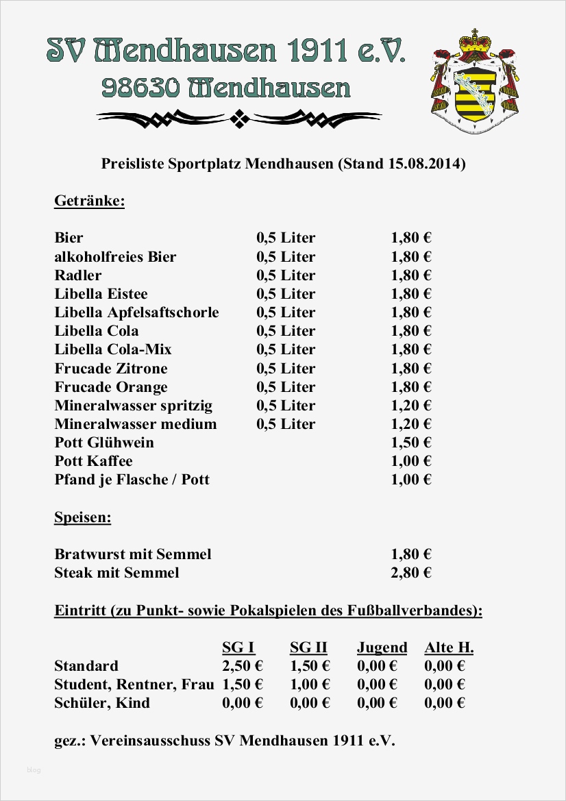 Preisliste Getränke Vorlage Schön Sv Mendhausen 1911 Vereinshomepage