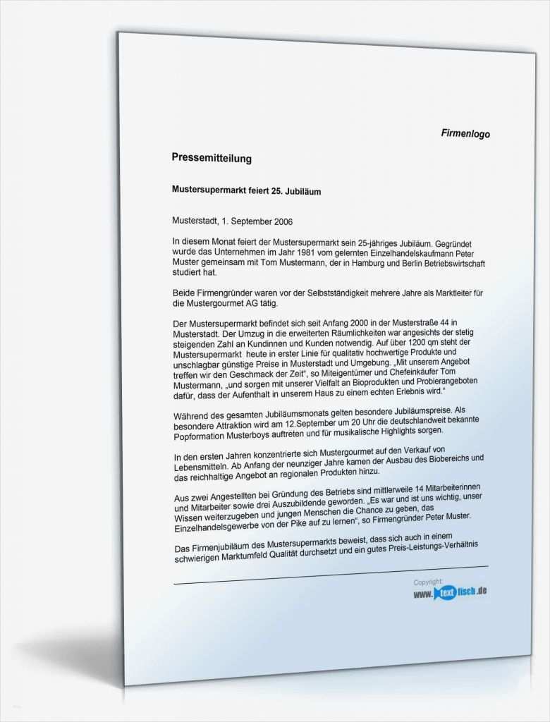 Pressemitteilung Vorlage Einzigartig Pressemitteilung Firmenjubiläum Supermarkt Muster Zum