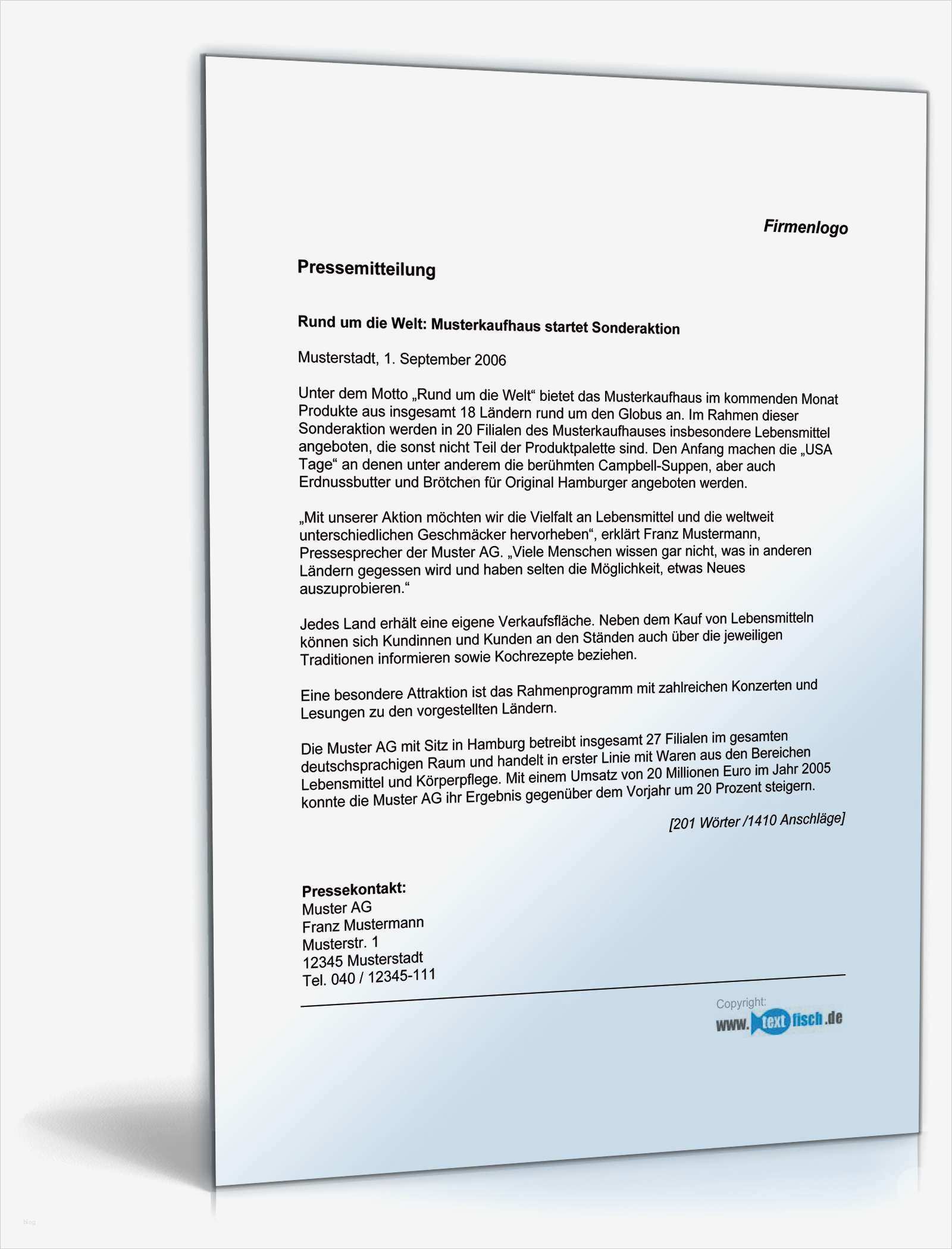 Pressemitteilung Vorlage Hübsch Pressemitteilung Start sonderaktion