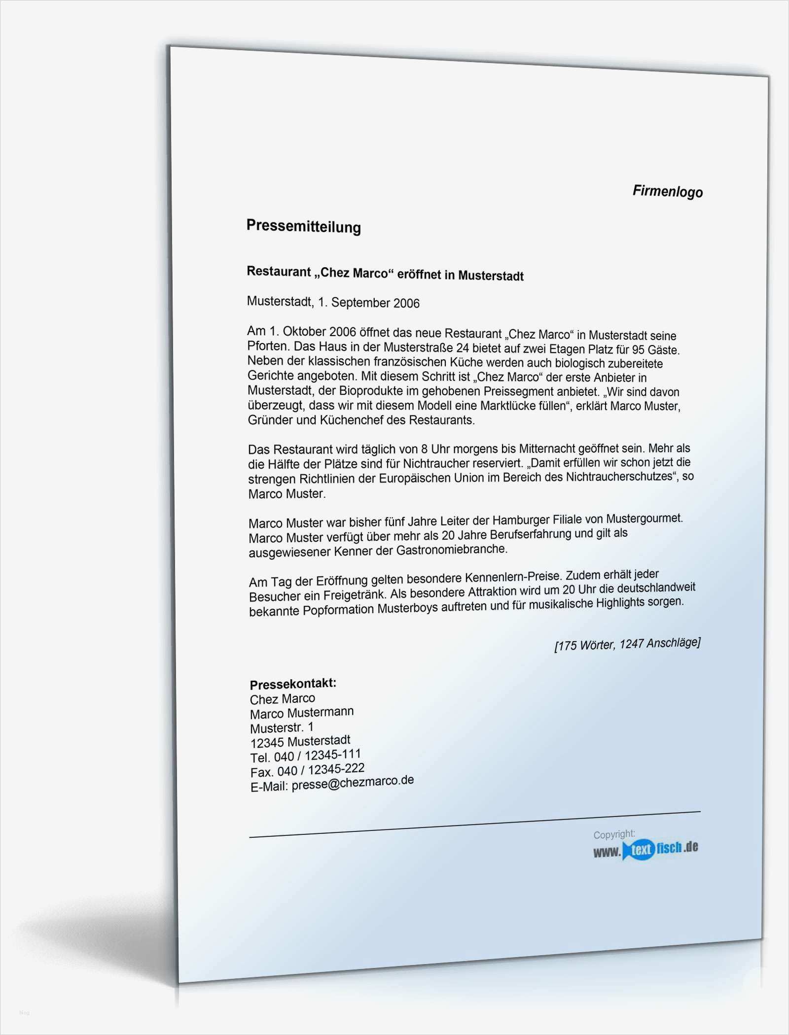 Pressemitteilung Vorlage Neu Pressemitteilung über Eröffnung Eines Restaurants