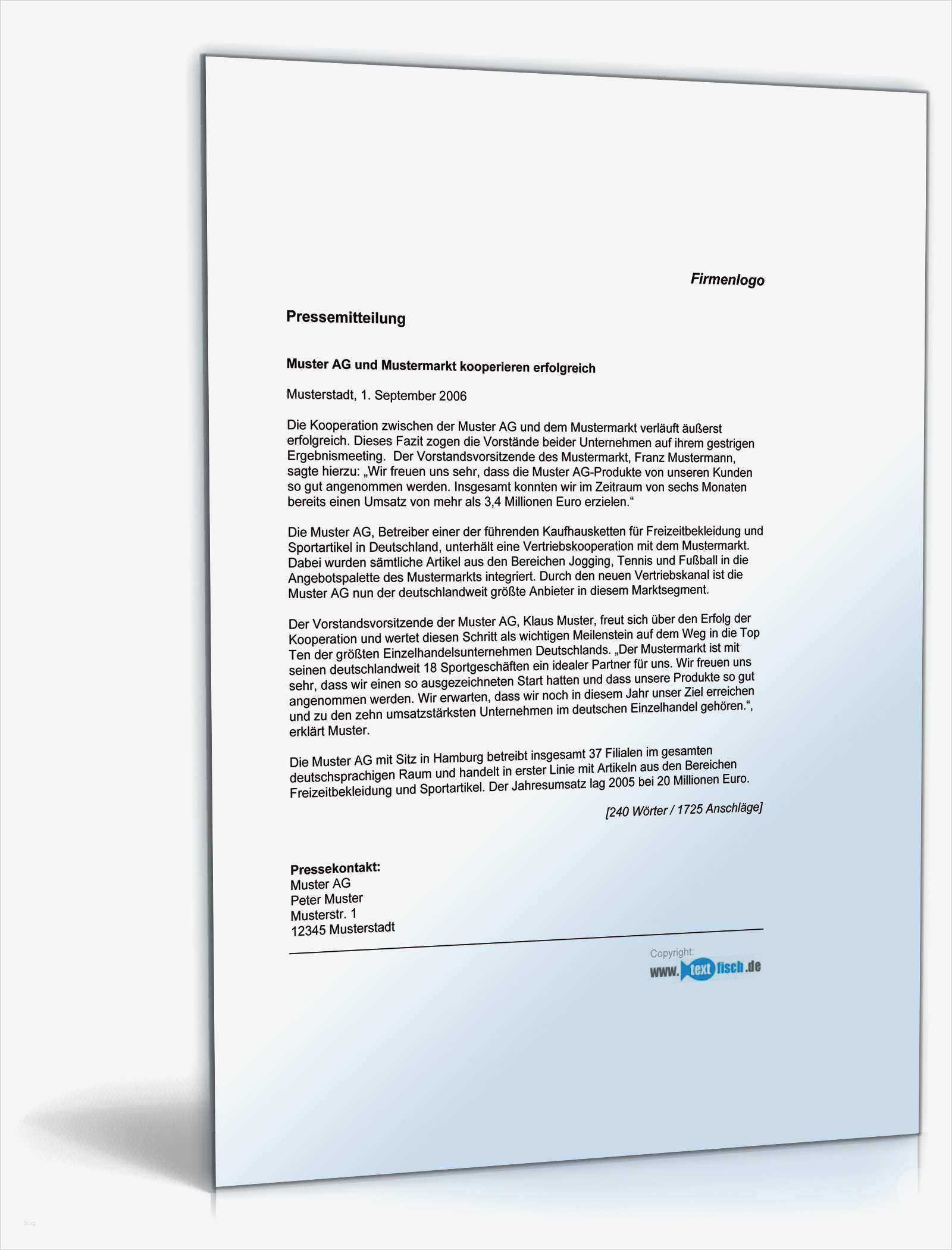 Pressemitteilung Vorlage Schönste Pressemitteilung Ergebnisse Kooperation