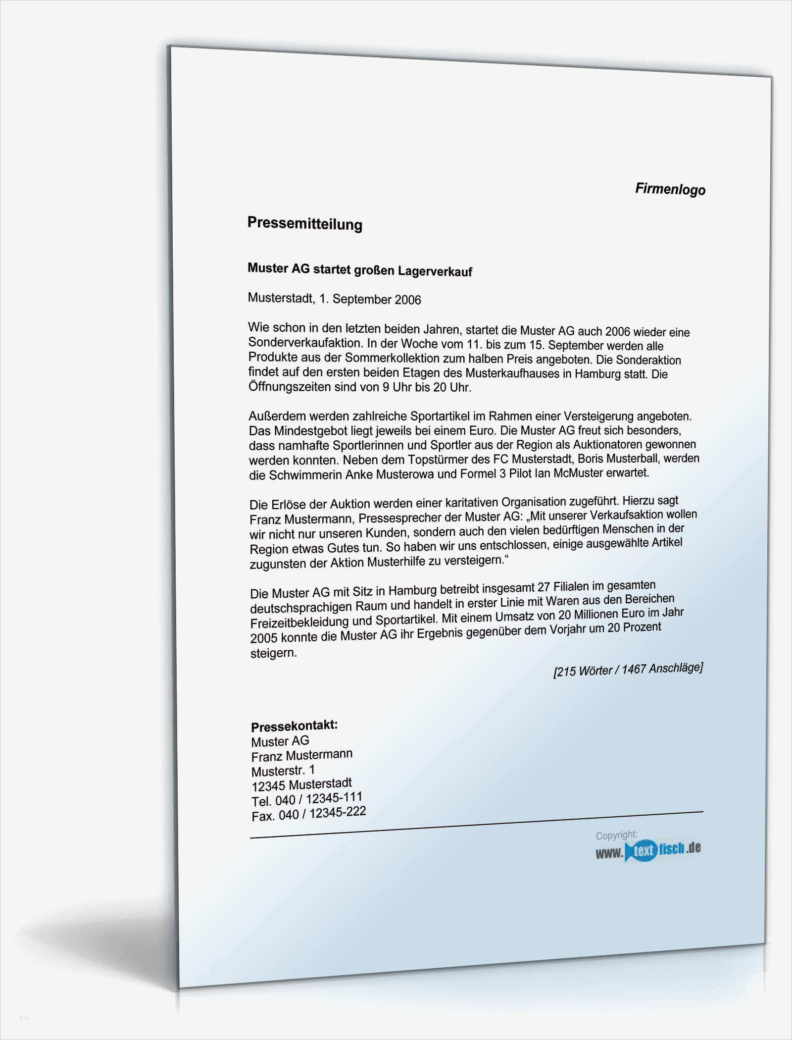 Pressemitteilung Vorlage Wunderbar Pressemitteilung Verkaufsveranstaltung