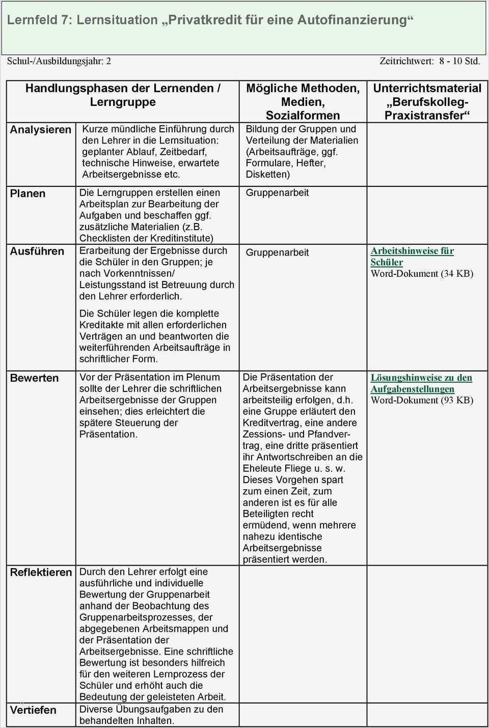 Privatkredit Vorlage Pdf Erstaunlich Lernfeld 7 Lernsituation Privatkredit Für Eine