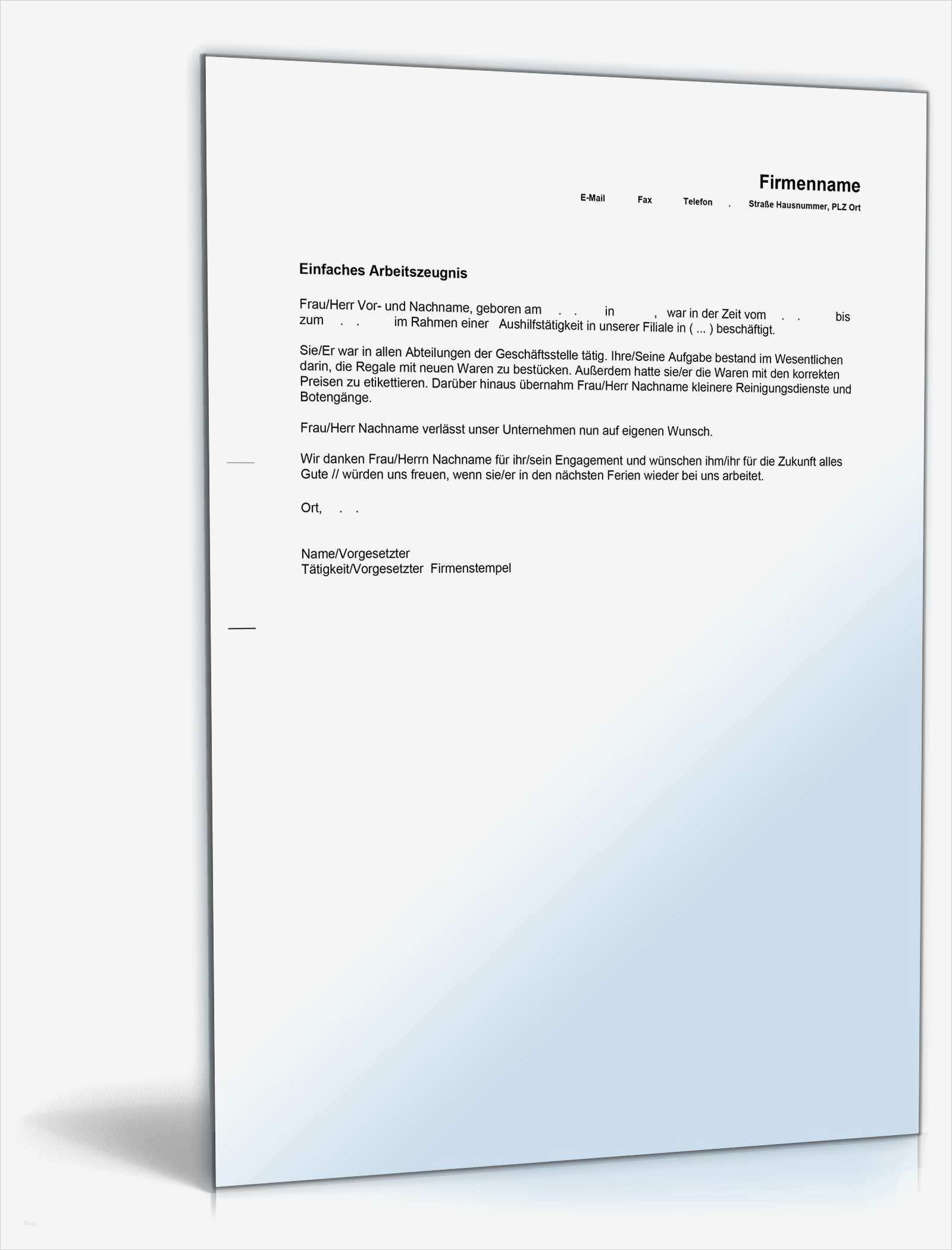 Qualifiziertes Arbeitszeugnis Vorlage Wunderbar Einfaches Arbeitszeugnis Aushilfskräfte Muster Zum Download