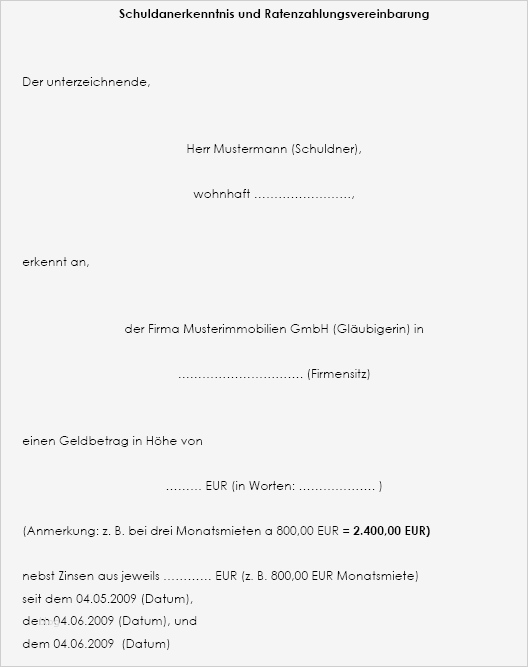 Ratenzahlungsvereinbarung Vorlage Luxus Schuldanerkenntnis Inklusive Ratenzahlungsvereinbarung