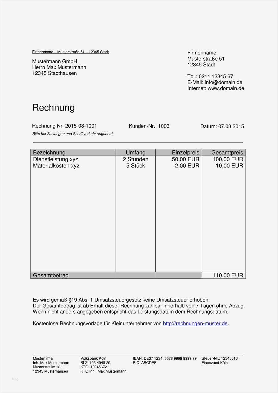 Rechnung Kleinunternehmer Vorlage Cool Kleinunternehmer Rechnung Rechnungsvorlagen Für