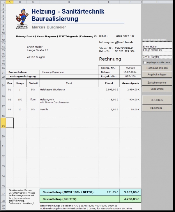 Rechnung Stellen Vorlage Hübsch Excel Vorlage Angebot Rechnung Rechnungen Mit Excel