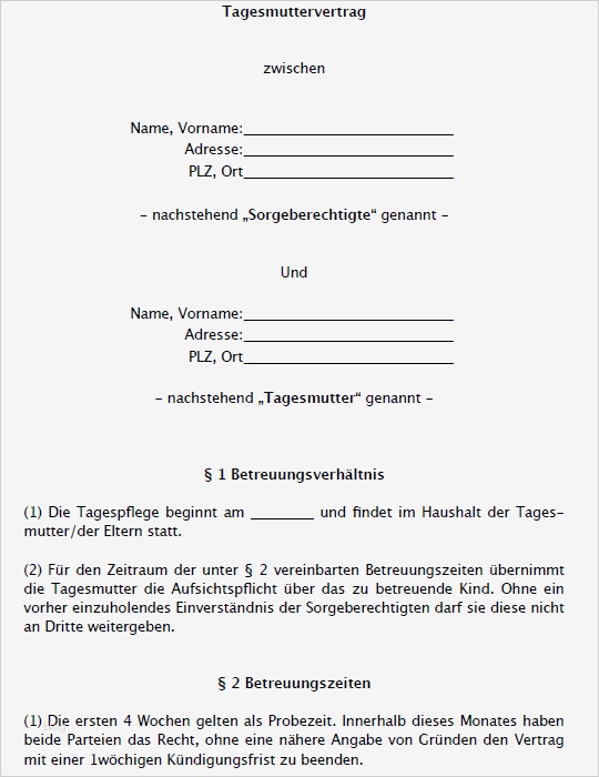 Reisevollmacht Kind Mit Einem Elternteil Vorlage Einzigartig Tagesmuttervertrag Muster Vom Anwalt Zum Download
