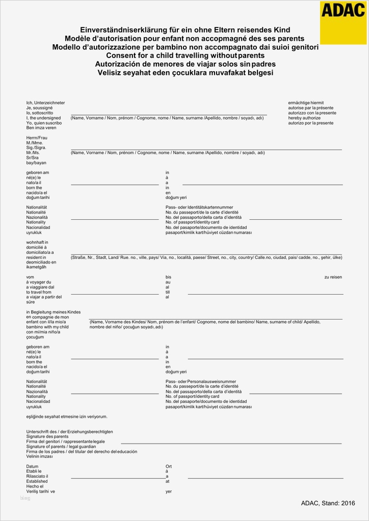 Reisevollmacht Kind Mit Einem Elternteil Vorlage Neu Berühmt Einverständniserklärung Für Kinder Zeitgenössisch