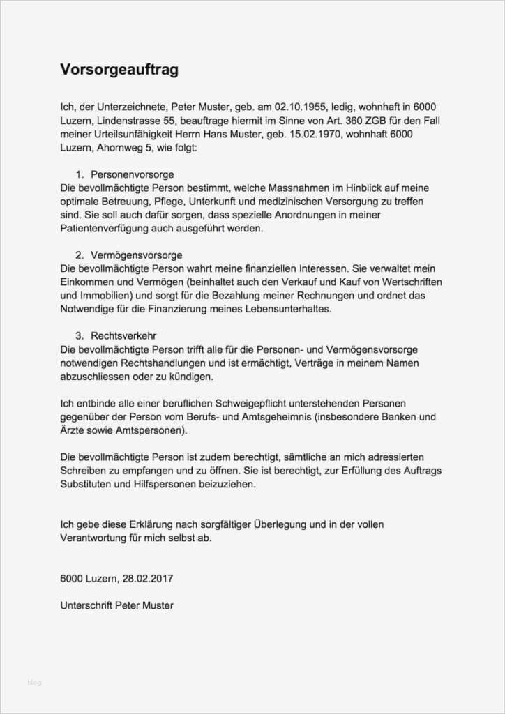 Reisevollmacht Vorlage Schön Vorsorgeauftrag Muster & Vorlage