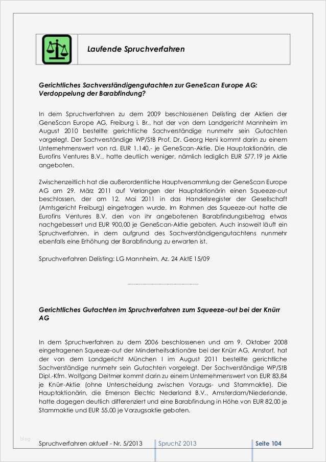 Sachverständigengutachten Vorlage Fabelhaft Spruchverfahren Aktuell Spruchz Nr 5 2013